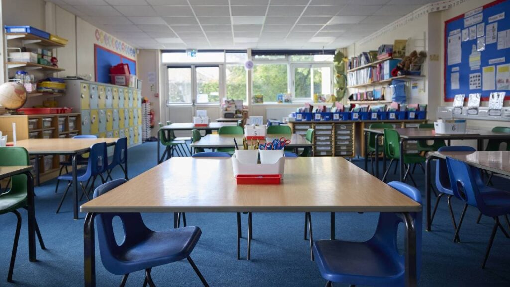 Empty Tables And Chairs In Primary Or Elementary School Classroom